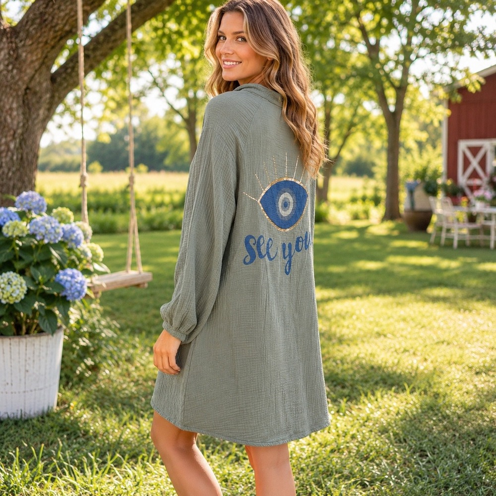 By Coco Italy Sage Green Cotton Gauze Evil Eye See You Shirt Dress L Lagenlook